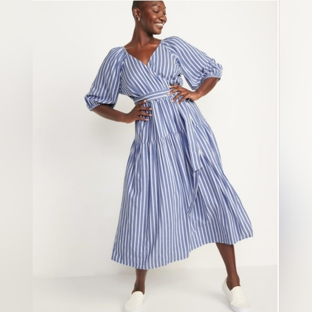 Old Navy Waist-Defined Striped Tie-Belt Midi Wrap Dress